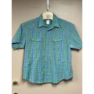 Wrangler Wrancher Western Pearl Snap Shirt Mens 2X Green Blue Plaid Short Sleeve
